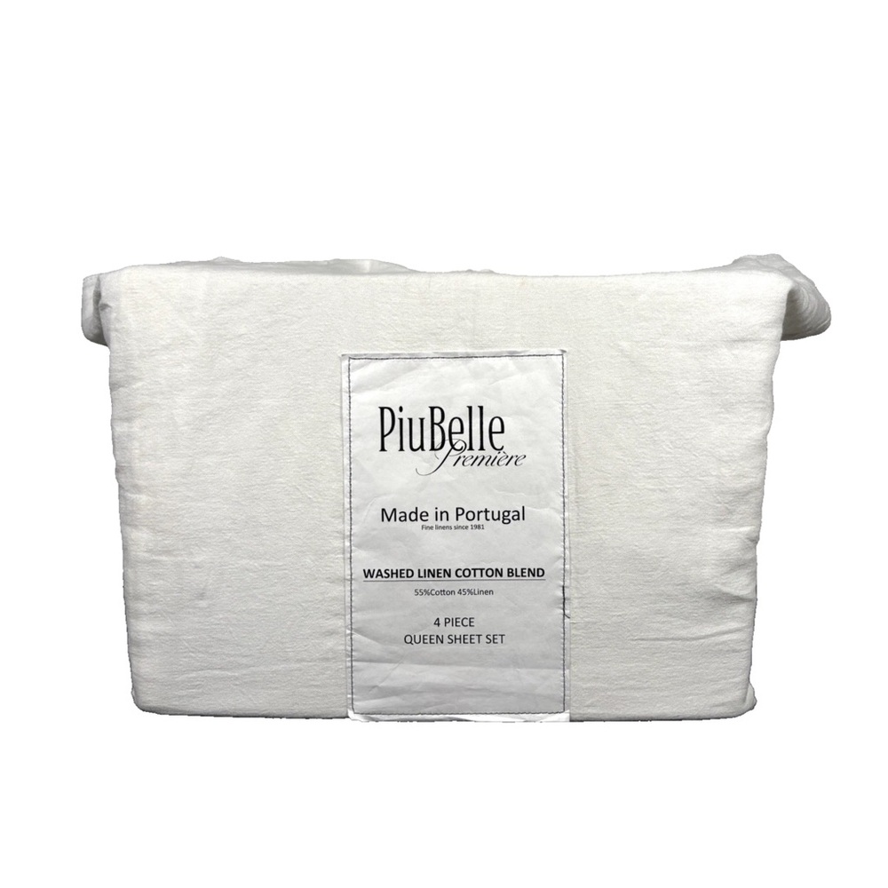 PiuBelle Premiere QUEEN Sheet Set Washed Linen Cotton Blend Made in Portugal